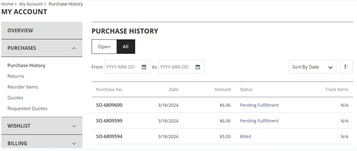 order purchase history screenshot