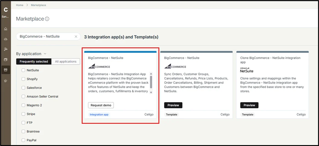 Step 2 to install the BigCommerce–NetSuite Integration App (via integrator.io)