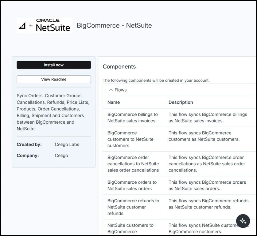 Step 3 to install the BigCommerce–NetSuite Integration App (via integrator.io)