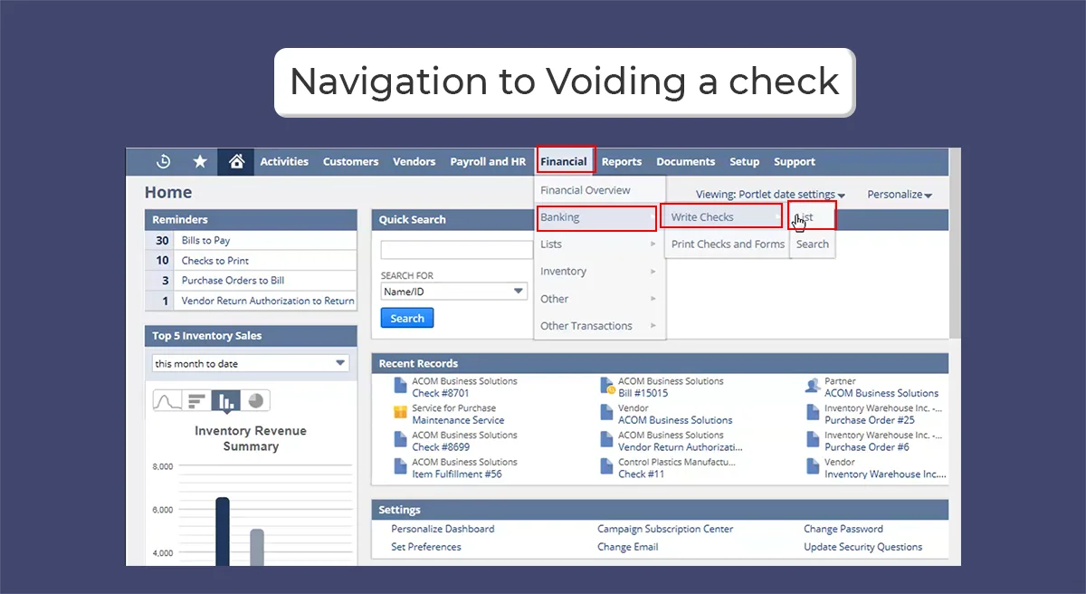 Navigation to voiding a check