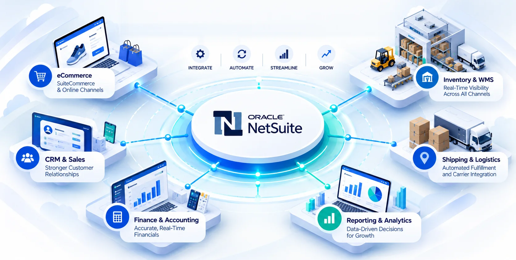Oracle NetSuite at the center connecting eCommerce, Inventory and WMS, CRM and Sales, Shipping and Logistics, Finance and Accounting, and Reporting and Analytics